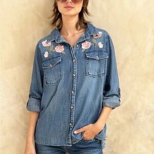 Billy T Embroidered Denim Button-Up Shirt Sz L